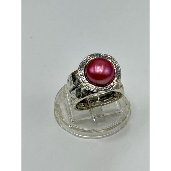 Didae Israel Sterling Silver Dyed Red Pearl Ring Size 5 925 Hammered Design - Picture 9 of 11